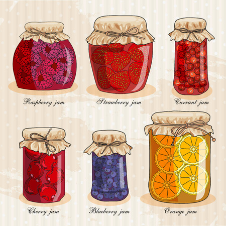 Set of jars with fruit. Raspberries, strawberries, blueberries, oranges, tangerines, cherries, currants, jam. Hand-drawing. Doodle designのイラスト素材