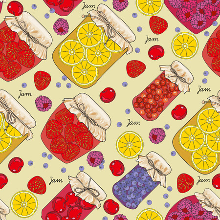 Seamless pattern jam with cherries, oranges, blueberries, mandarin oranges, fruit, berries in vintage style. Colorful vector illustrationのイラスト素材