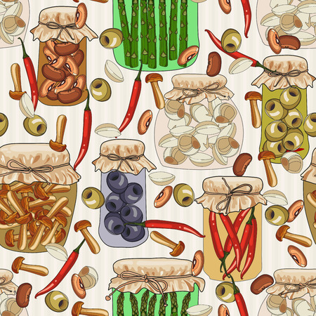 Seamless pattern with glass jars and vegetables. Kitchen texture. Hand drawn. Vintage styleのイラスト素材