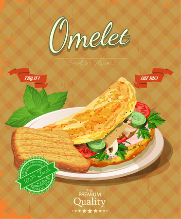 Bacon with fried eggs, green peas, tomatoes, cucumbers and toast. Poster cafe.のイラスト素材