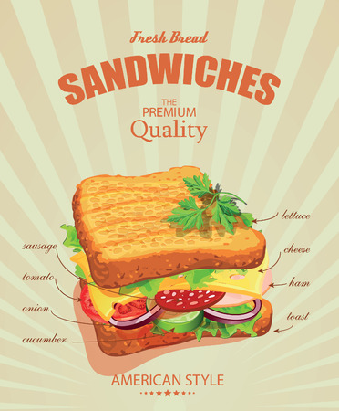 Sandwiches. Vector illustration. American style. Vintage. Ingredients label.のイラスト素材