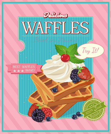 Vector waffles with syrup and strawberries. Poster in vintage style.のイラスト素材