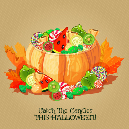 Halloween poster with cupcakes, pumpkin and candies.のイラスト素材