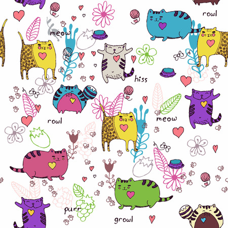Cats seamless pattern in doodle style. Cat and kitten. Cartoon design.のイラスト素材