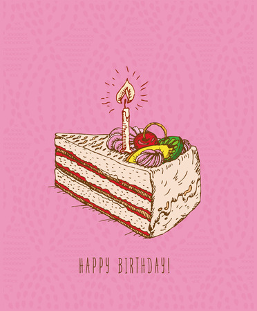 Birthday greeting card with cake in doodle design. Hand drawn vector illustration. Birthday gift. Birthday cake.のイラスト素材