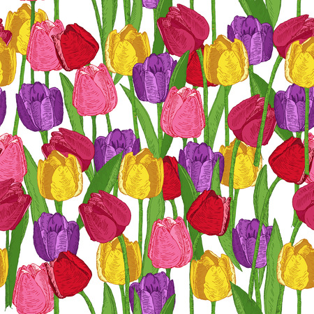 Seamless pattern with spring flowers. Tulips. Summer floral background. Texture with flowering plants in doodle vintage style. Sketch. Hipster blossom design.のイラスト素材