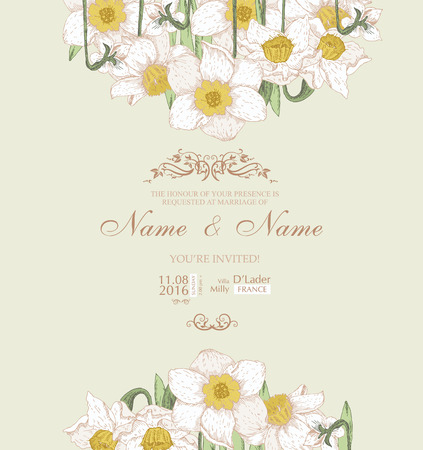 Wedding invitation with flowers. Spring narcissus.のイラスト素材