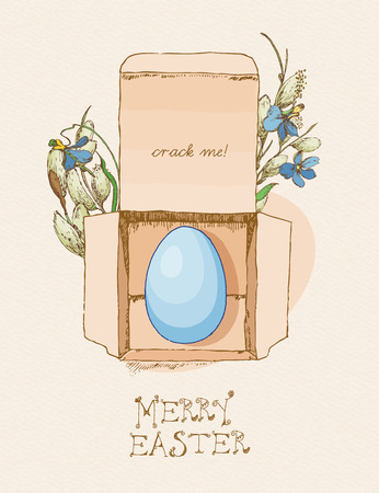 Easter greeting card with egg in box, flowers on beige background. Pussy willow twigs. Merry easter poster.のイラスト素材
