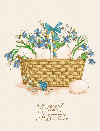 Easter greeting card with eggs in a busket, flowers on beige background. Pussy willow twigs. Merry easter poster.のイラスト素材