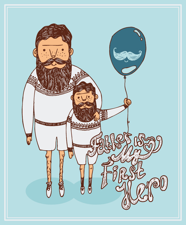 Dad and Son enjoying walk together with balloon on colorful decorated beige background for Happy Father's Day celebrations.のイラスト素材