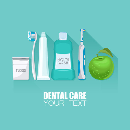 Background with dental care symbols: tooth brush, tooth paste, dental floss, appleのイラスト素材