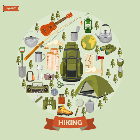 Hiking and camping. Summer landscapes. Vector illustration. Flat design.のイラスト素材