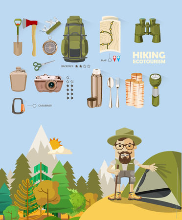 Hiking and camping. Summer landscapes. Vector illustration. Flat design.のイラスト素材