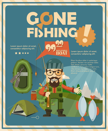 Fishing poster with boat and fishermen in flat designのイラスト素材
