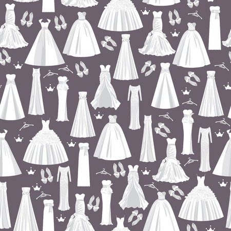 Wedding pattern with white dresses for bride on dark background. Vector seamless texture for paper, fabric, invitations and other printing, web projects.のイラスト素材