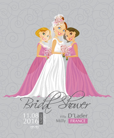 Vector illustration of cute elegant bride with Bridesmaid holding flowers. Bridal showerのイラスト素材