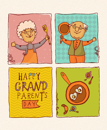 Happy grandparents day vector greeting card in doodle design. Happy retired coupleのイラスト素材