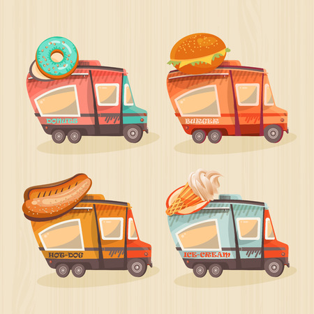 Street food van in retro style. Fast food delivery. Fast food trailers. Hot dog, ice-cream, donuts, burger shop on wheelsのイラスト素材