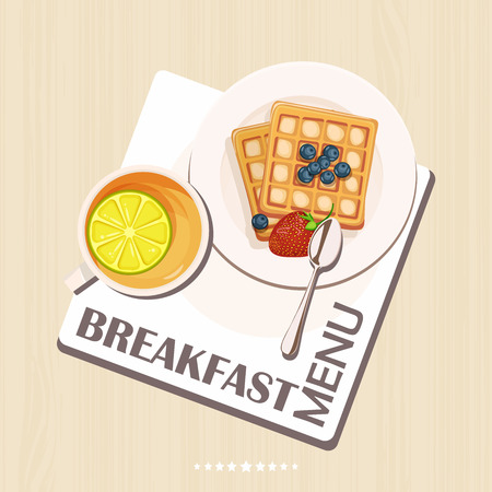 Breakfast set with tea, lemon, belgian waffles. Top view. Mealtime. Menuのイラスト素材