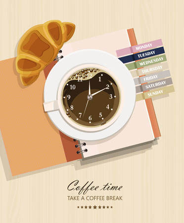 Office desk with notebook, croissant, coffee and clock. Business lunch. Cup of coffee - top view. Take a coffee breakのイラスト素材