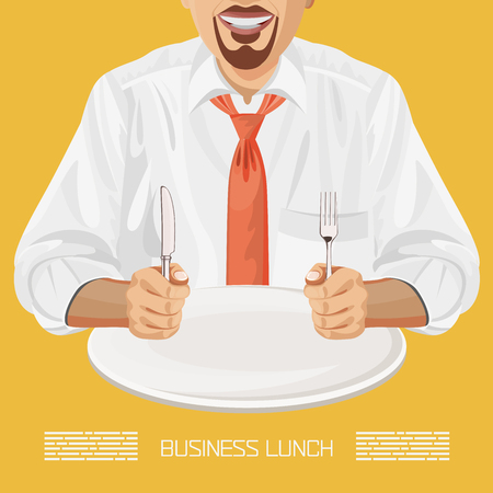 Business lunch office worker businessman with plate, knife, forkのイラスト素材