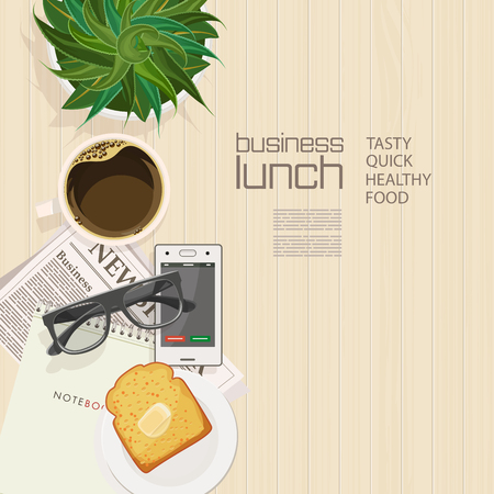 Office desk with notebook, eyeglasses, coffee and laptop. Top view. Business lunch. Coffee break.のイラスト素材