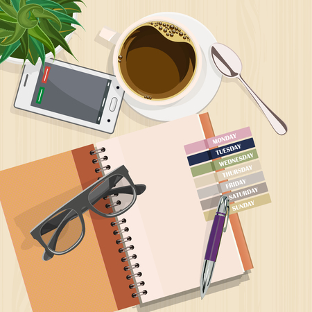 Office desk with notebook, eyeglasses, coffee and laptop. Top view. Business lunchのイラスト素材