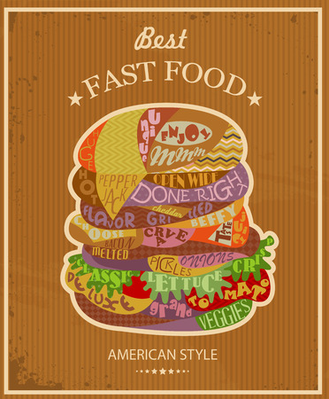 Tasty hamburger with fresh salad, crispy onions, sweet tomatoes, savory cheese, juicy beef, delicious sauce in vintage style.のイラスト素材