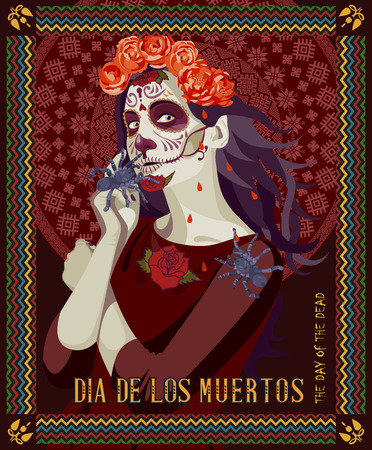 Day of the dead skull. Woman with calavera makeup. Dia de los muertos Text in Spanish.のイラスト素材