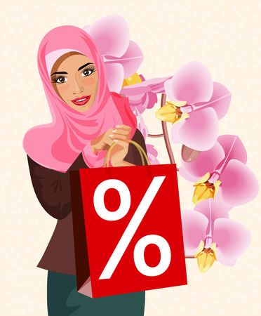 Portrait of happy modern arabic woman with red shopping bag. Sale text messageのイラスト素材