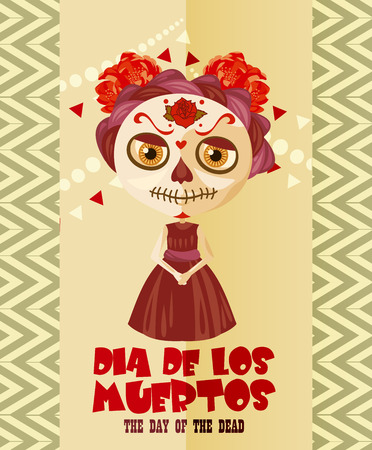 Day of the dead skull. Woman with calavera makeup. Dia de los muertos Text in Spanish.のイラスト素材