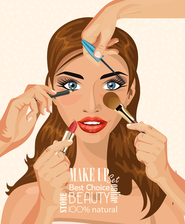 Many hands with cosmetics brush doing make up of glamour womenのイラスト素材