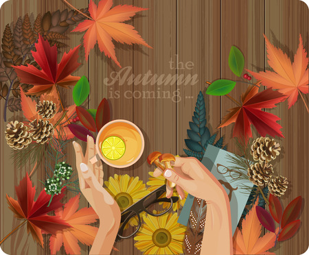 Workplace concept. Autumn theme. Colorful red, yellow leaves.のイラスト素材