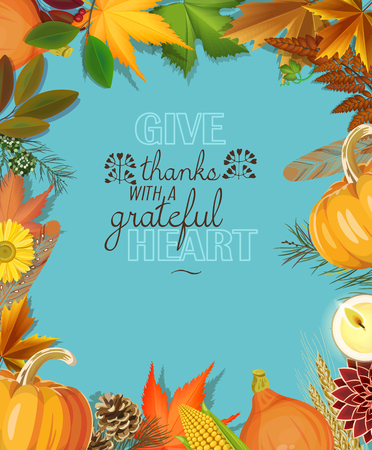 Happy Thanksgiving Day greeting card with pumpkin, autumn leaves and space for your text.のイラスト素材