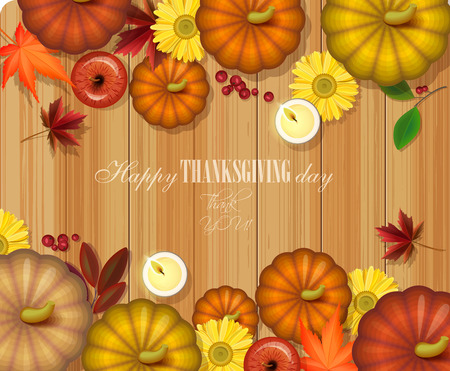 Happy Thanksgiving Day greeting card with pumpkin, autumn leaves and space for your text.のイラスト素材