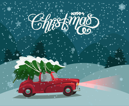 Christmas landscape card design of retro red car with tree on the top. Merry Christmas illustration in vintage design.のイラスト素材