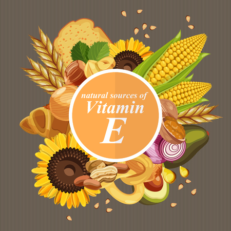 Groups of healthy fruit, vegetables, meat, fish and dairy products containing specific vitamins. Vitamin E.のイラスト素材