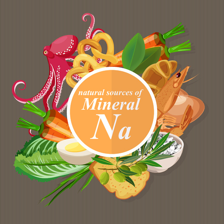 Groups of healthy fruit, vegetables, meat, fish and dairy products containing specific vitamins. Sodium. Nartium. Minerals.のイラスト素材