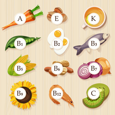 Groups of healthy fruit, vegetables, meat, fish and dairy products containing specific vitamins. Wooden backgroundのイラスト素材