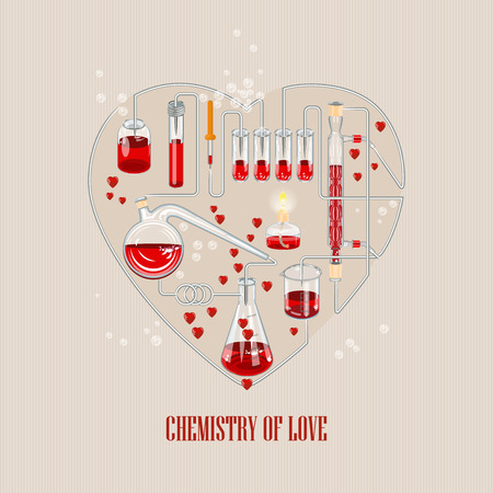 Invitation card on background. Vector illustration for Valentines day or wedding. Vector illustration of chemistry flask filled with hearts. Chemistry and loveのイラスト素材