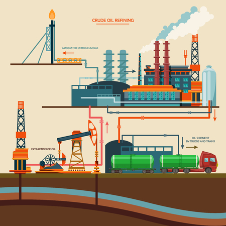 Oil recovery, oil rig, oil industry set with extraction refinery transportation petroleum vector illustrationのイラスト素材