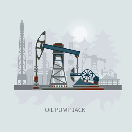Pump jack in the Background of Fir Trees and Working Oil Pumps and Drilling Rig, Oil Pump, Petroleum Industry. Flat design. Illustrationのイラスト素材