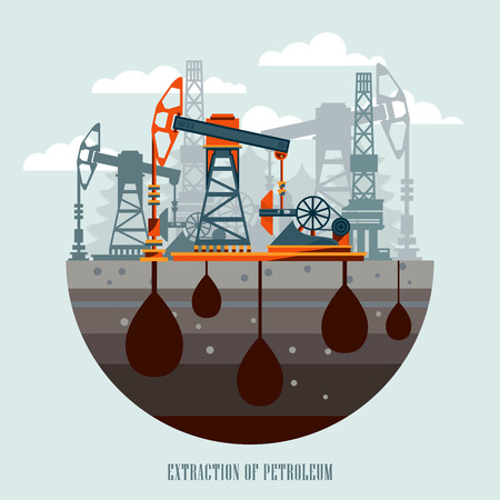 Pump jack in the Background of Fir Trees and Working Oil Pumps and Drilling Rig, Oil Pump, Petroleum Industry. Flat design. Illustrationのイラスト素材