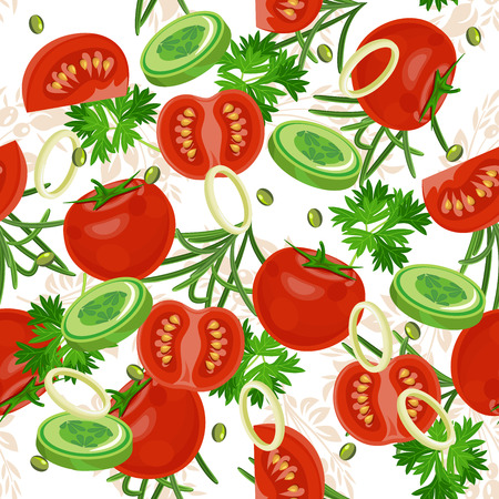 Seamless pattern with vegetable organic food. Seamless background with cucumber, onions, tomato. illustrationのイラスト素材