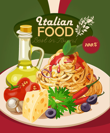 Italian food. Pasta, spaghetti, olive oil. poster in vintage style.のイラスト素材