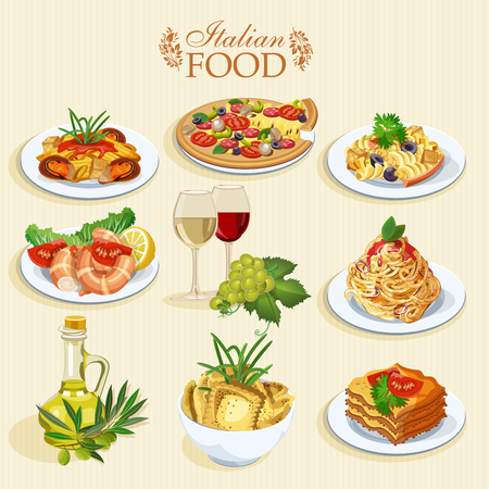 Set of food icons isolated on white background. Italian cuisine. Spaghetti with pesto, lasagna, penne pasta, pizza, olive oil, macaroni and cheese, red and white wine in glasses, prawnsのイラスト素材