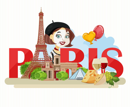 Vector french poster. Sightseeing of Paris and France. Romantic tourist card in vintage style. French cuisine, wine, fashion and culture.のイラスト素材