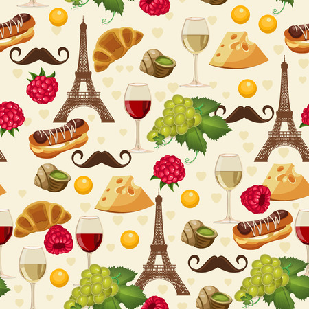 Seamless pattern in french style with food. Background for menu, cafeteria, cafe, restaurant with french cuisine.のイラスト素材