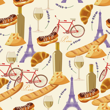 Seamless pattern in french style with food. Background for menu, cafeteria, cafe, restaurant with french cuisine.のイラスト素材