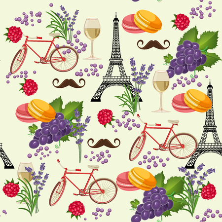 Seamless pattern in french style with food. Background for menu, cafeteria, cafe, restaurant with french cuisine.のイラスト素材